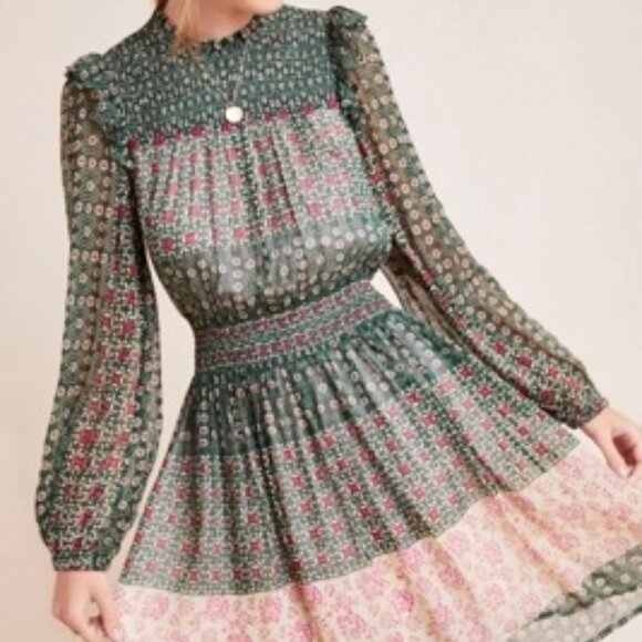 Anthropologie Rhiannon Floral Smocked Waist Chiffon Sheer Green Pink Dre… - Picture 5 of 12